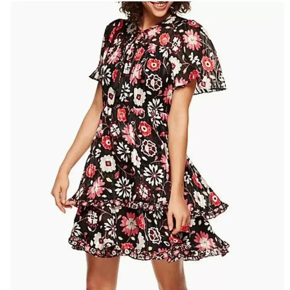 NWT Kate Spade New York Casa Flora Flutter Sleeve Dress Size 10 Tiered Skirt